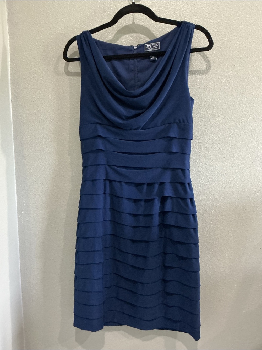 American Living Navy Sleeveless Tiered Cowl Dress